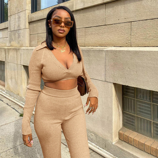 Get It Done Solid Color V-Neck Long-Sleeve Body Curving Top Micro-Flare Pants Two-Piece Set