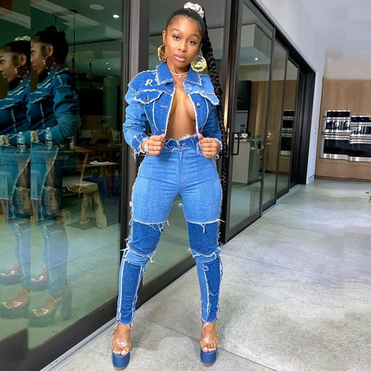 Bad Girl – Retro Stitching Washed Denim Suit