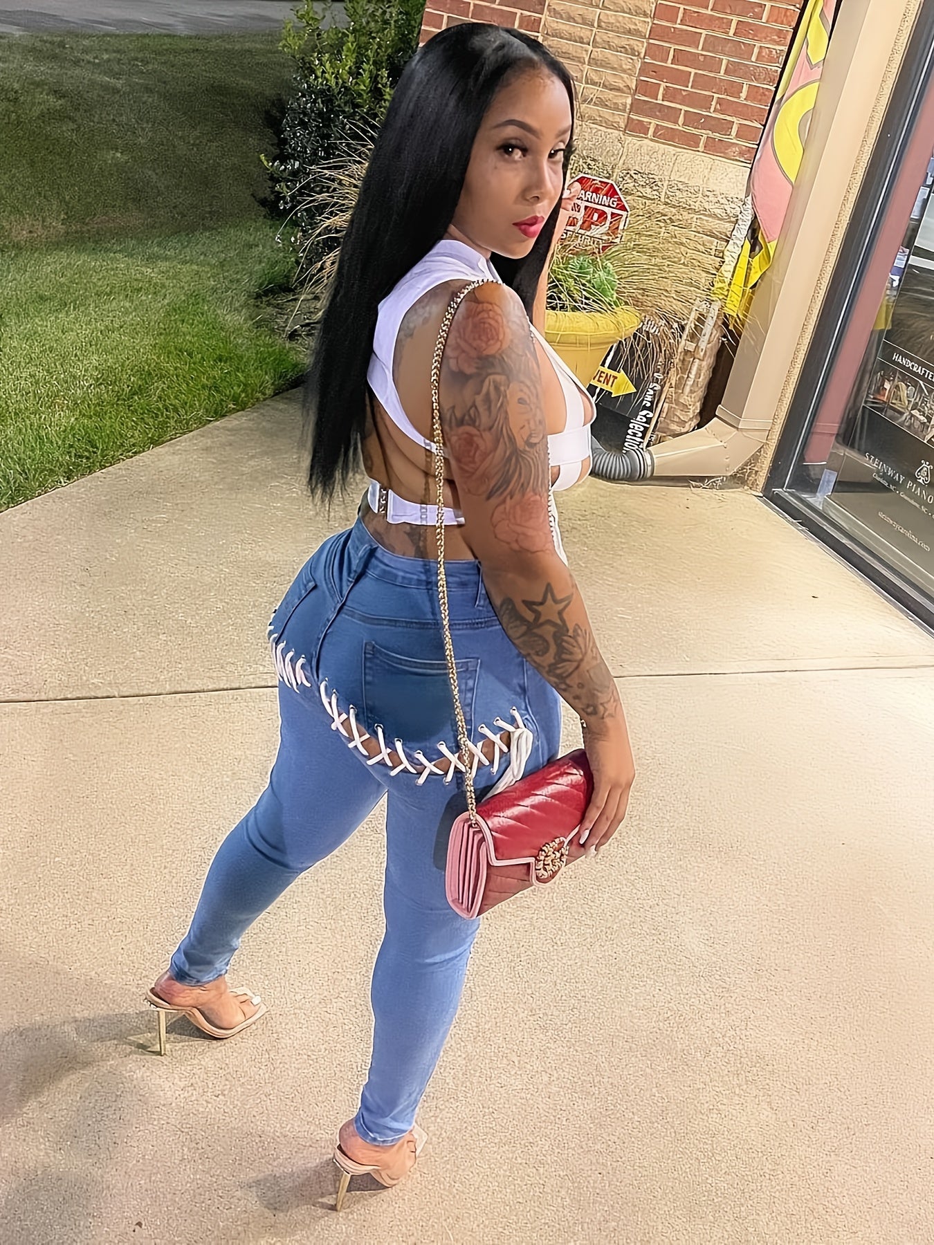 Women's Plus Size Cross Strappy Skinny Jeans Mid Rise Tight Stretch Denim Pants Sexy Cut Out Clubwear