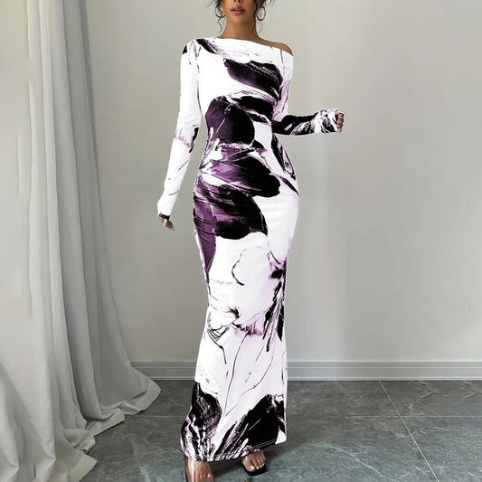 Shine Bright Women's Hip Hugging Elegant Off-Shoulder Tie-Dye Floral Bodycon Dress Stretchy Season Party & Casual Dress