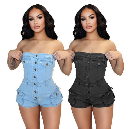 Not Just a Pretty Face β Denim Tube Top Stretch Jumpsuit for Women
