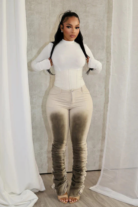 Fashionable Sexy Slim-Fit Distressed Retro Stacked Pants – Women’s Trendy Denim