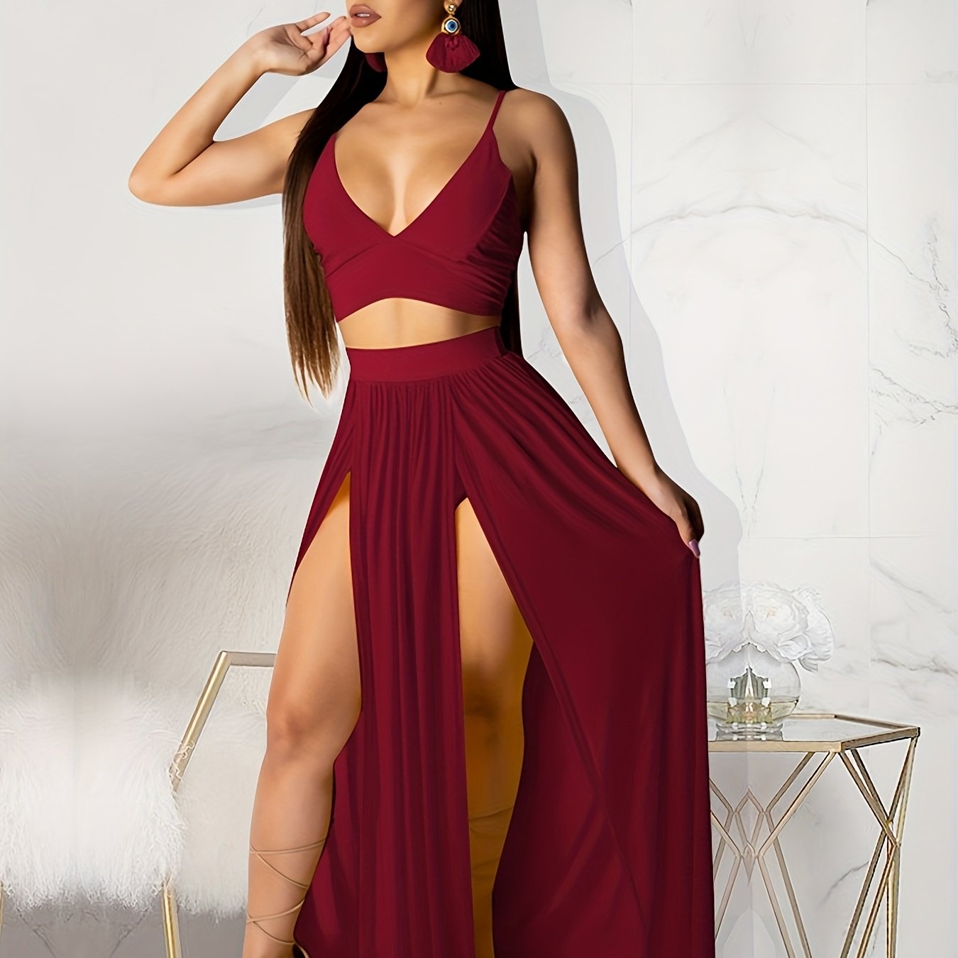 Goddess Energy 2-Piece Sexy Skirt Set β Strap Bra Crop Top & High Split Chiffon Skirt πβ¨