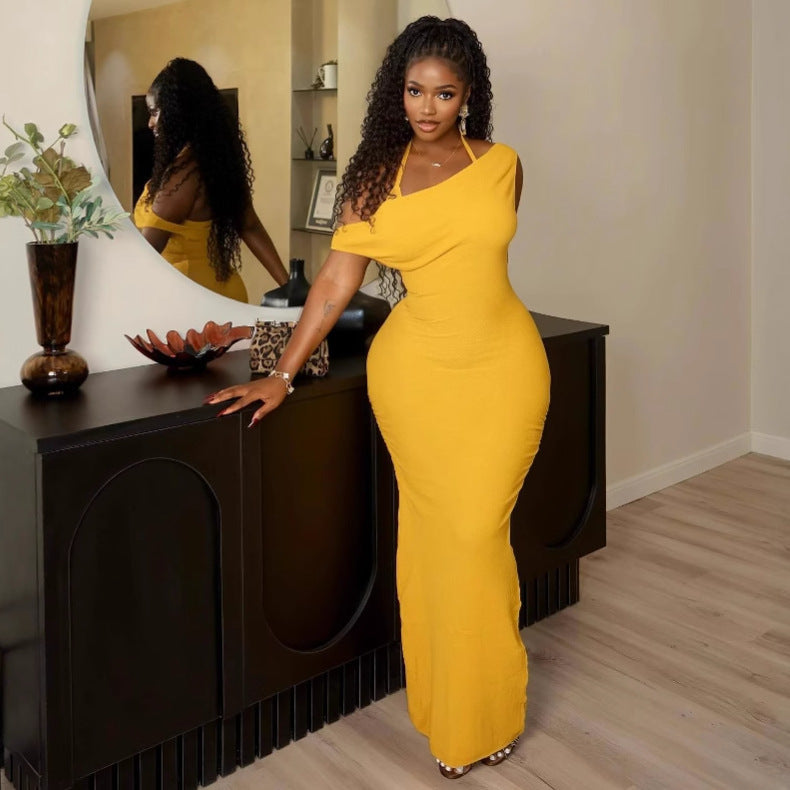 Somebody Fine Momma New Fashion Sexy Slant Neck Backless Dress Women