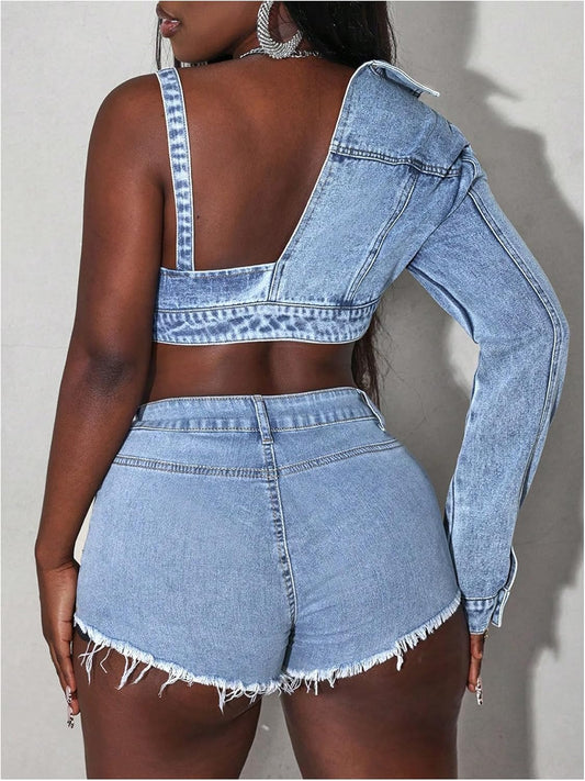 Women'S Denim Jacket Button Front Long Sleeve Cut Out Asymmetrical Crop Top Vinatge Jean Coat