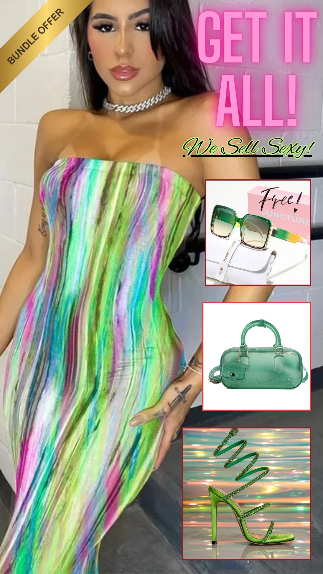 π₯ The Rainbow Bombshell Glow-Up Bundle π₯ 3-Piece Luxury Fit β 1 Price β FREE Sunglasses!