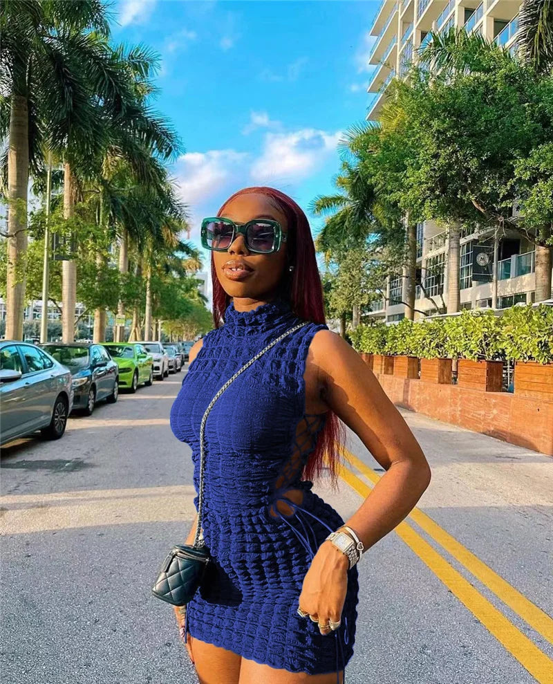 She In Motion 2026 Stunning Stacked Party Mini Dress Women Mock Neck Sleeveless Drawstring Hollow Out Bandage Dresses Clubwear Dress