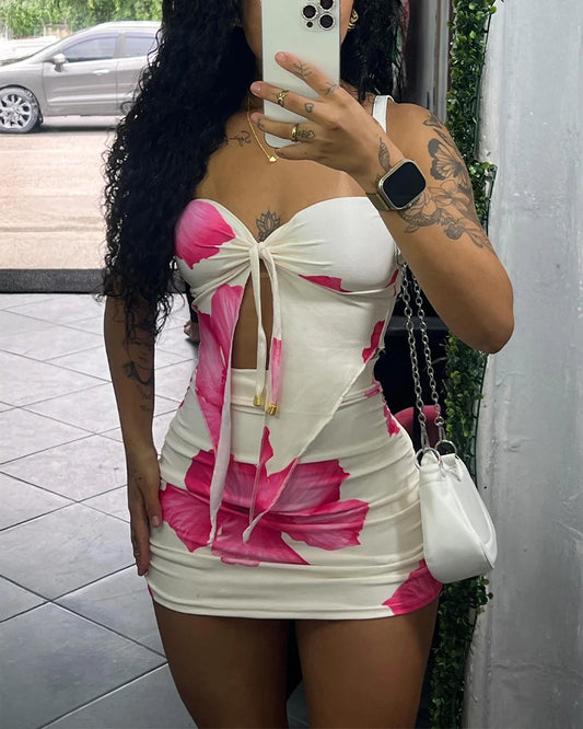 π Elegant Women's Two-Piece Set β Strapless Tied Top & Ruched Mini Skirt π