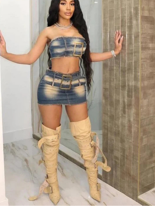 βShe So Sexyβ Fashion Denim Two-Piece Set β Strapless Crop Top & Mini Skirt Outfit