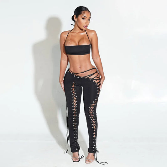 Women Solid Grommet Lace Up 2 Piece Set Halter Camisole Crop Tops + Shirring Hollow Skinny Pants Clubwear Suit Streetwear