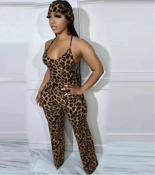 Sexy Leopard Print Jumpsuit for Women β Thin Strap Sleeveless V-Neck Wide-Leg Pants Playsuit with Scarf