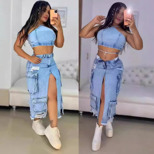 Womenβs Mid-Length Denim Skirt β A-Line Slim Fit with Slit & Pocket Details