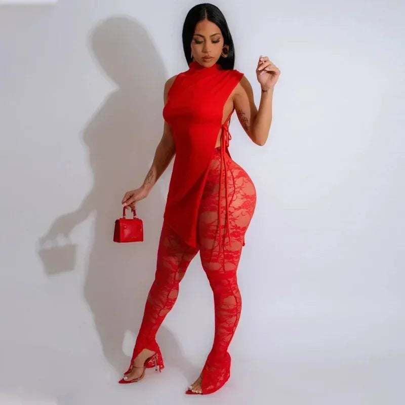 π₯ Pure Sexy 2-Piece Lace-Up Set β Sleeveless Top + Sheer Lace Leggings π₯