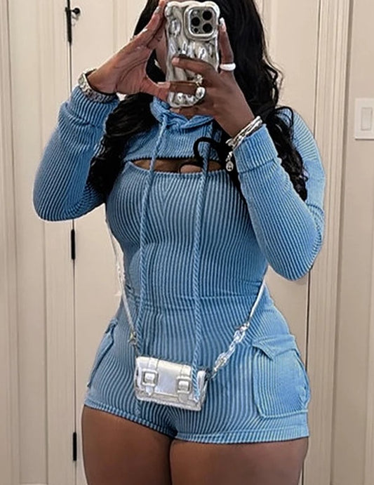 π₯ Thick Body Fit β Natural Body Knitted Ribbed Cargo Playsuit π₯ Hooded Β· Long Sleeve Β· Ribbed Β· Cargo Pockets Β· Jumpsuit Shorts