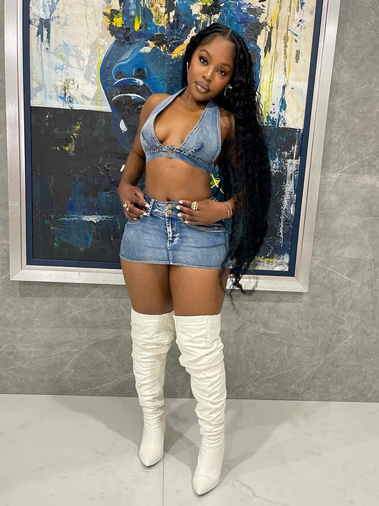 Womenβs Denim Two-Piece Skirt Set β Halter Crop Top Vest & Mini Skirt Outfit