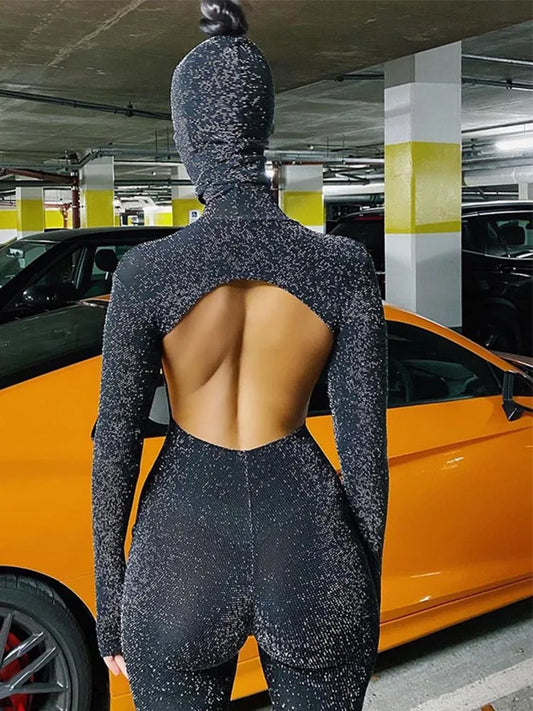 Celebrity-Style Low-Back Jumpsuit β Long Sleeve Bodycon Two-Piece Set (Black)