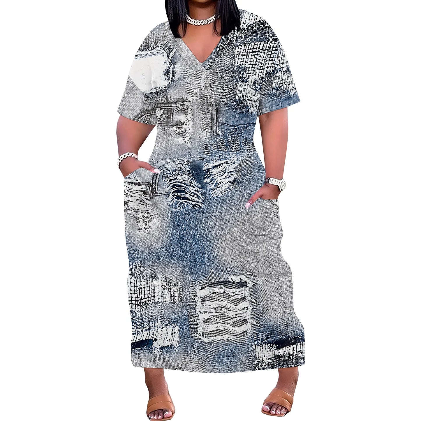 🔥 Women’s Thick & Sexy Plus-Size Denim 3D Print Maxi Dress – Casual Soft T-Shirt Dress