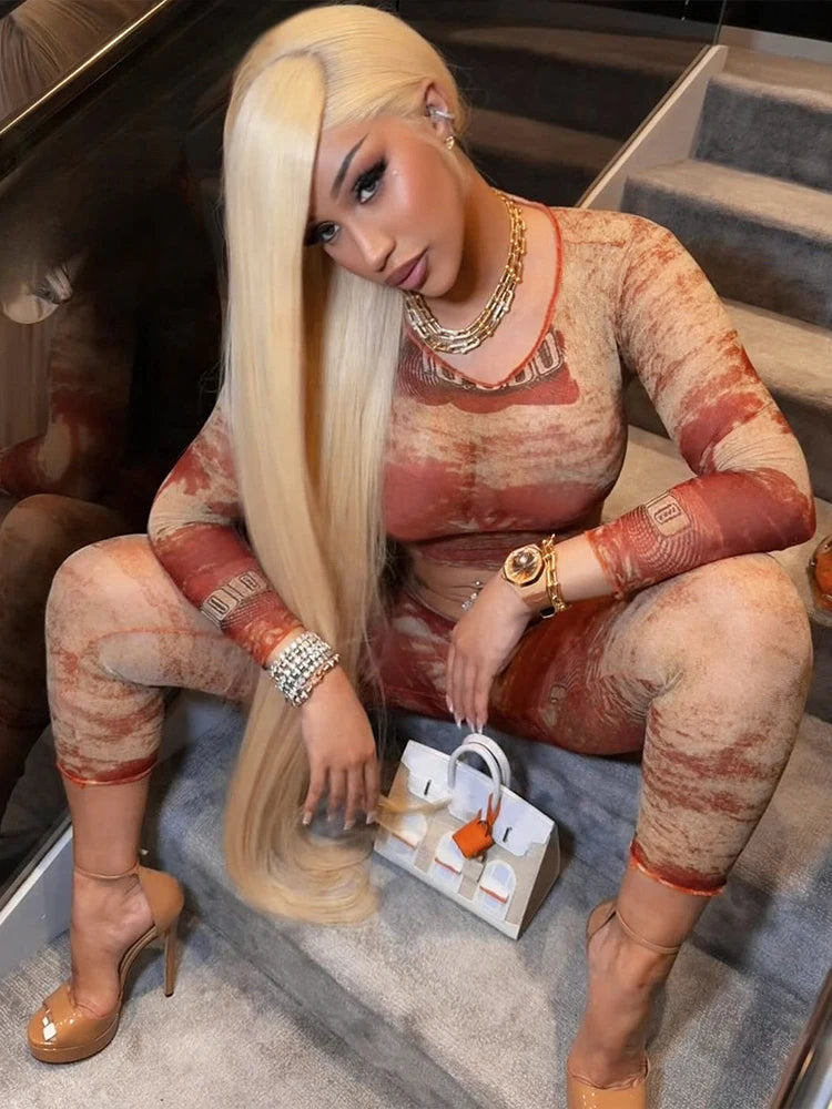 Cardi Red Sexy 2 Piece Set Sexy Print Coquette Crop Tops+Leggings Stretch Tight Clubwear