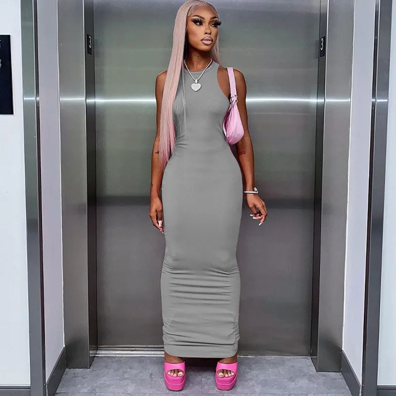 Simple Sexy Ribbed Sleeveless Maxi Dresses For Women Club Birthday Party Streetwear Elegant Outfits