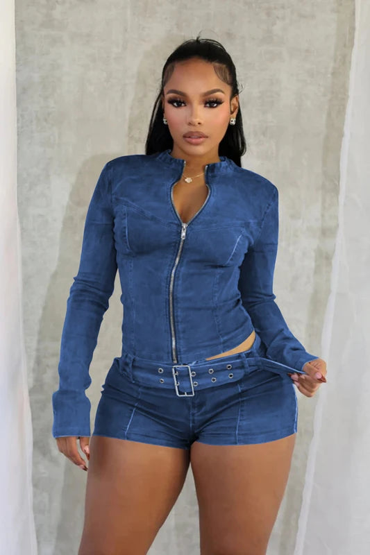 Sexy Denim Womens 2 Two Piece Set Stretchy Long Sleeve Zip Up Slim Jackets and Shorts Suits Streetwear Belt Jean Outfit Sets 4 Colors