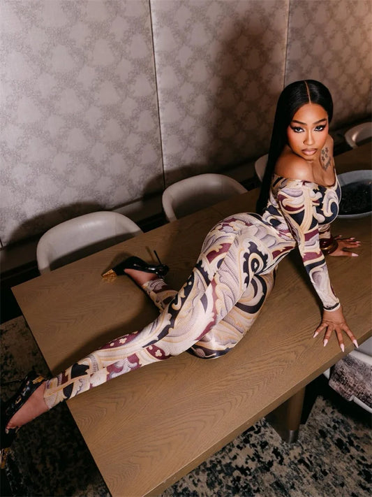 Womenβs Colorful Print Jumpsuit β Slash Neck Long Sleeve Body Love