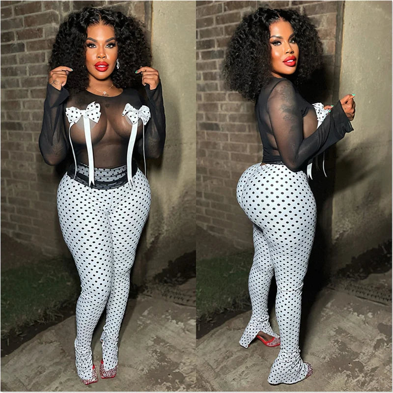 Sexy Mesh Polka Dot Two-Piece Set – Women’s Club Night Outfit | Bow Tie Long Sleeve Top & Split Flare Pants