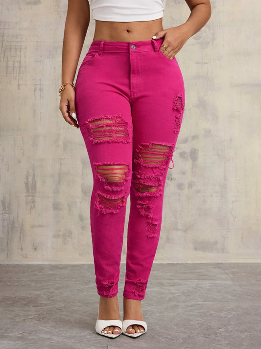 Autumn Rose Red Distressed Jeans – Body-Hugging Denim Pants