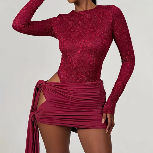 Sexy Lace Two-Piece Mini Dress Set for Women β Long Sleeve Crop Top & Bandage Skirt | Party, Holiday & Summer Outfit