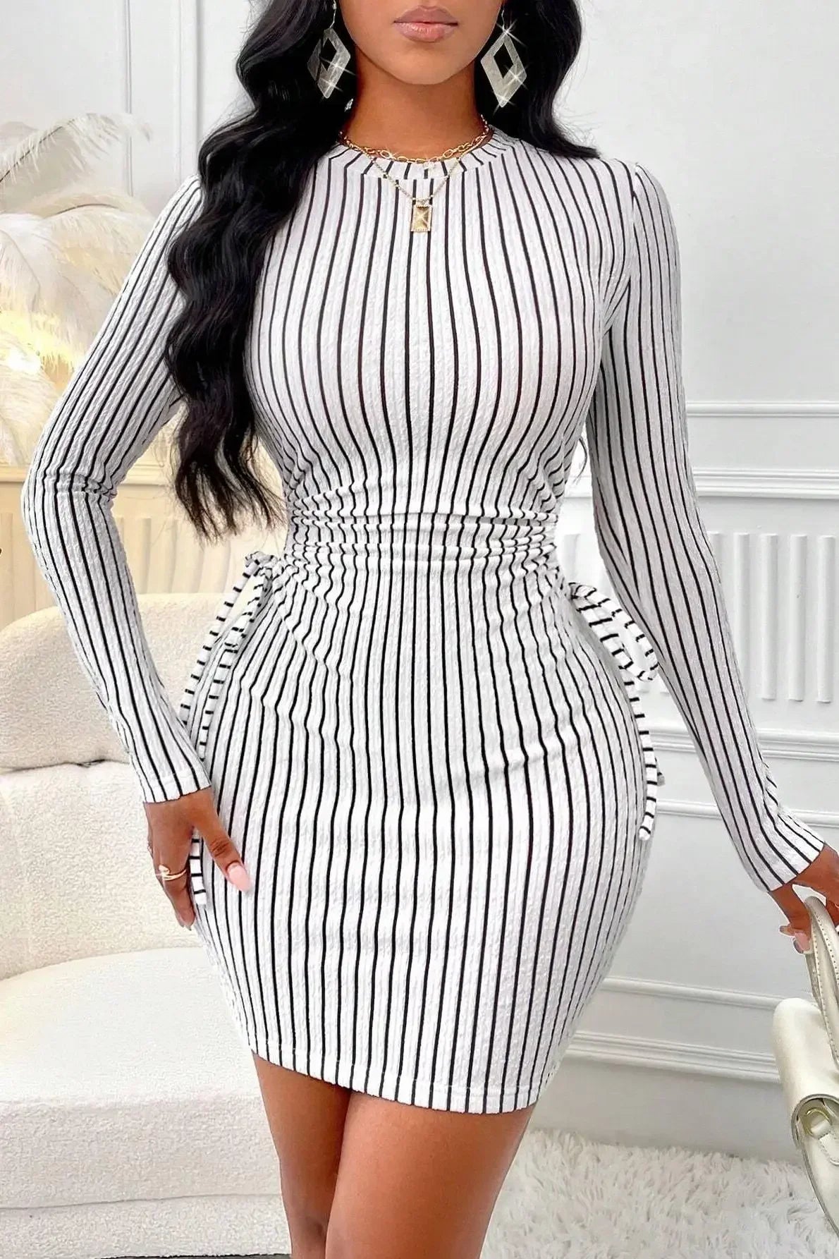Women’s Slim Hip-Hugging Striped Dress – Long Sleeve Style