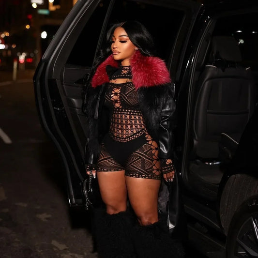 Womenβs Sheer Long Sleeve Jumpsuit β Hollow-Out Mesh Club Romper