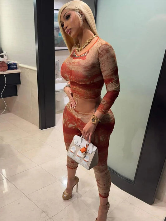 Cardi Red Sexy 2 Piece Set Sexy Print Coquette Crop Tops+Leggings Stretch Tight Clubwear