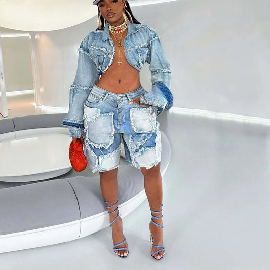 Runway Avenue Shorts Pant Set Women Two Piece Sets Denim Turn Down Collar Matching Sets Tops Knee Length Pants High Waist Sexy Streetwear