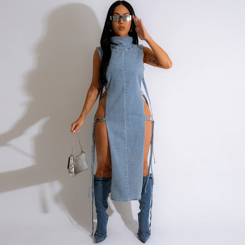 I Am The Tea – Washed Denim High-Collar Dress for Women