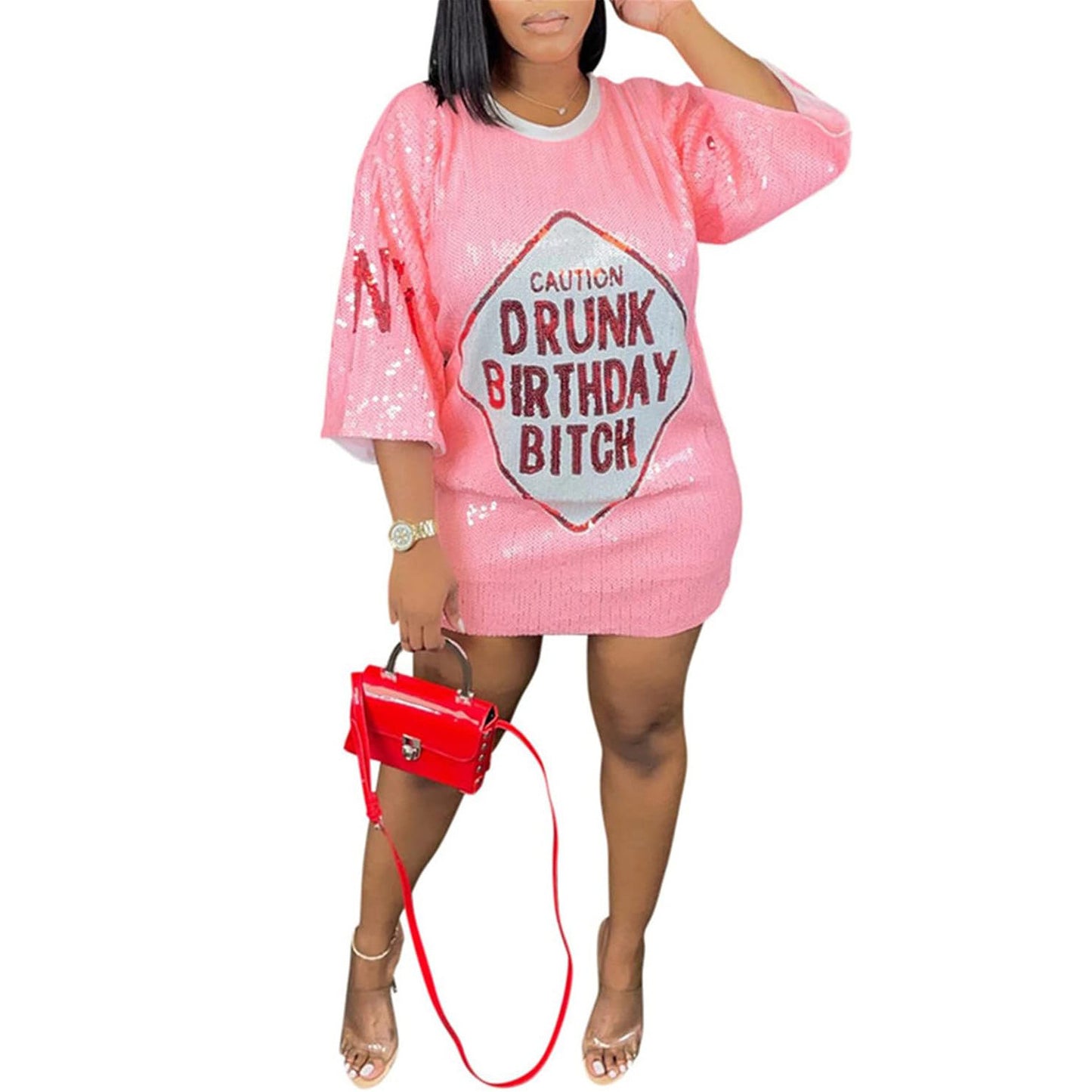 Sequins Glitter Letter Embroidery Loose T-shirt Skirt