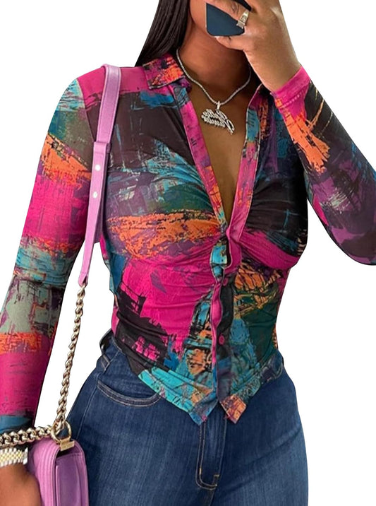 Women Sexy Button down Shirts Long Sleeve Collared Tie Dye Tops