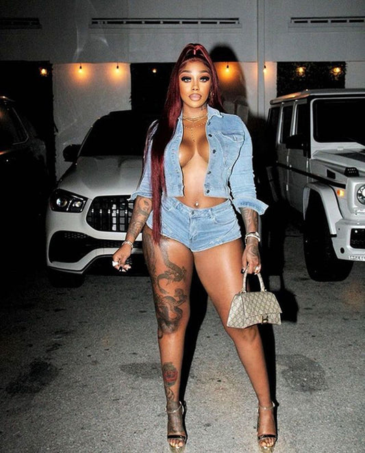 Video Dixon Bold & Confident Sexy Thick Denim Shorts & Denim Top Set