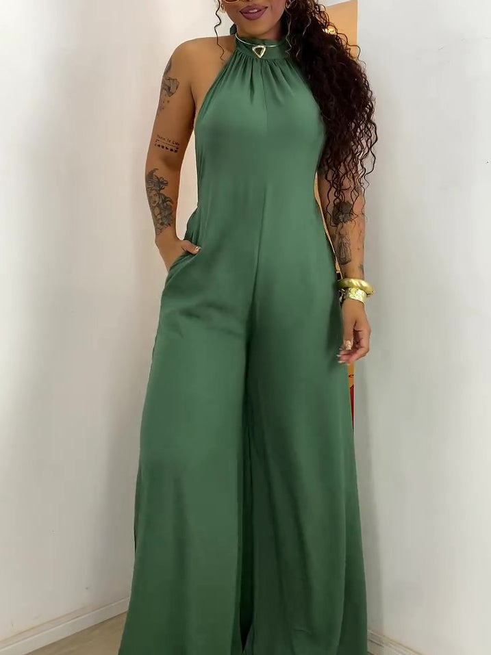 Boss Lady Green Halter-neck Backless Jumpsuit