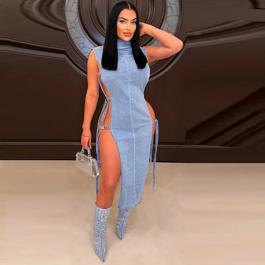 I Am The Tea β Washed Denim High-Collar Dress for Women