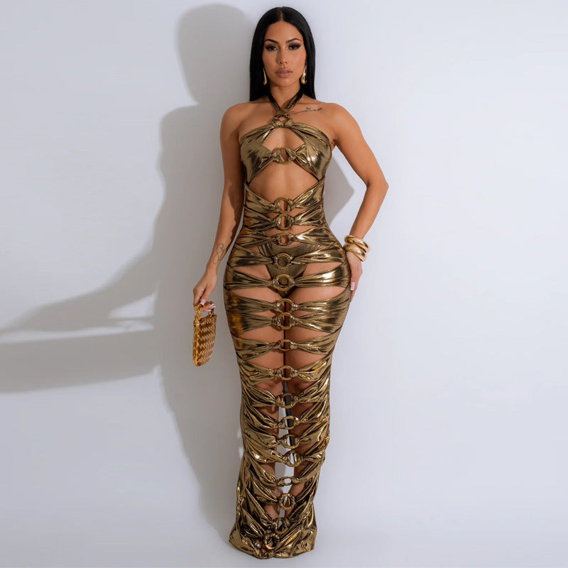 Sexy Open-Back Metallic Mini Dress & Panty Set
