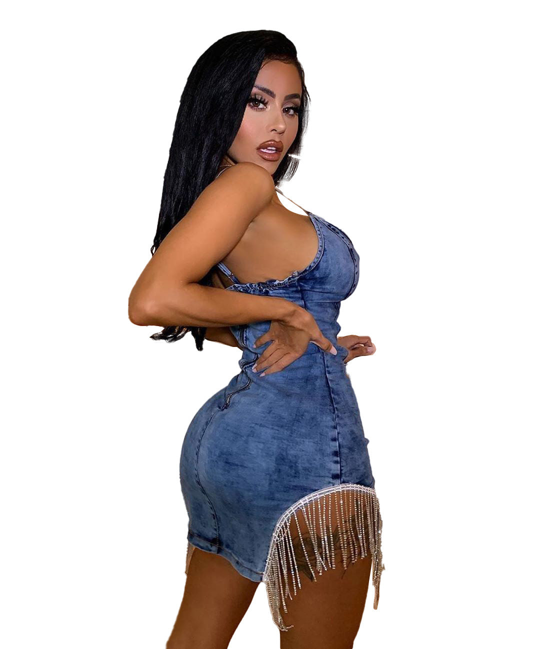 Get Sexy Quick Strap Denim Sequin Dress