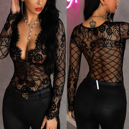 Thick & Sexy Plus Size Underwear See-through Long-sleeved Eyelash Bodysuit