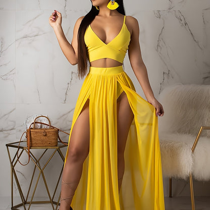 Goddess Energy 2-Piece Sexy Skirt Set – Strap Bra Crop Top &amp; High Split Chiffon Skirt 💋✨