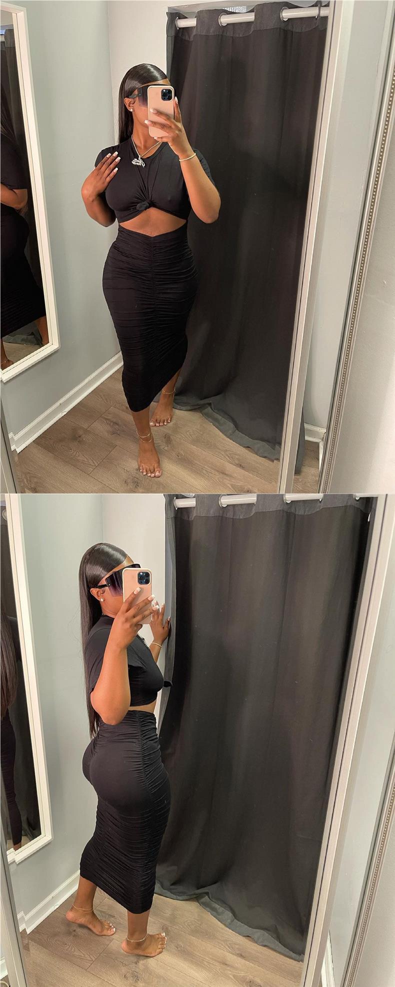 Women’s Short Sleeve Pleated Dress Set – Chic Matching Outfit