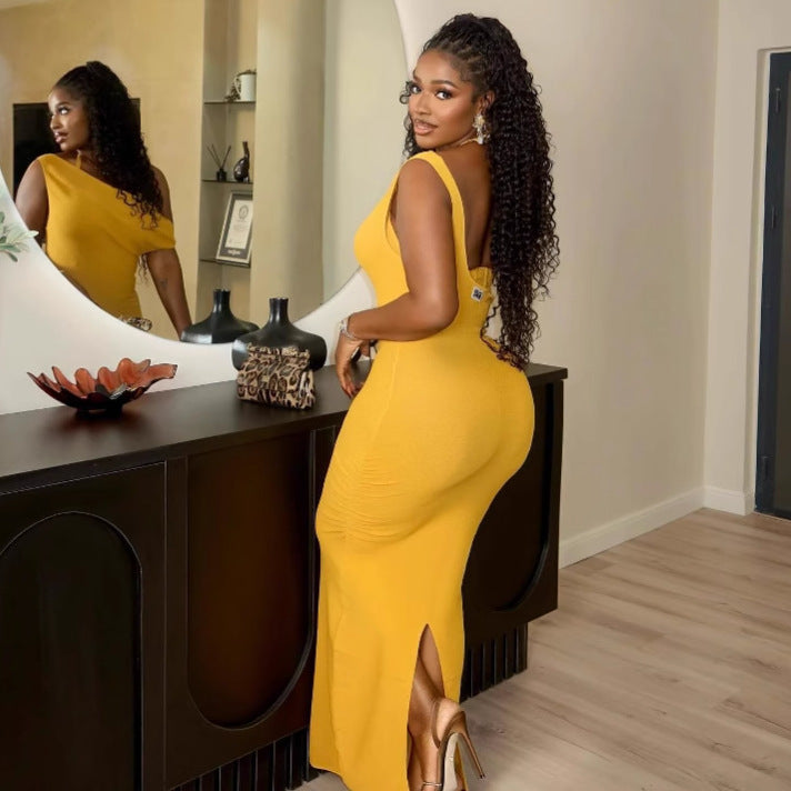 Somebody Fine Momma New Fashion Sexy Slant Neck Backless Dress Women