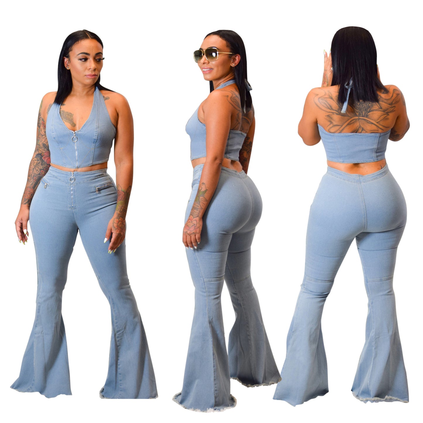 2 Piece Color Sexy – Blue Frosted Washed Denim Suit