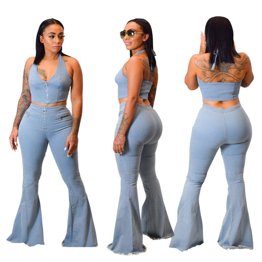 2 Piece Color Sexy – Blue Frosted Washed Denim Suit