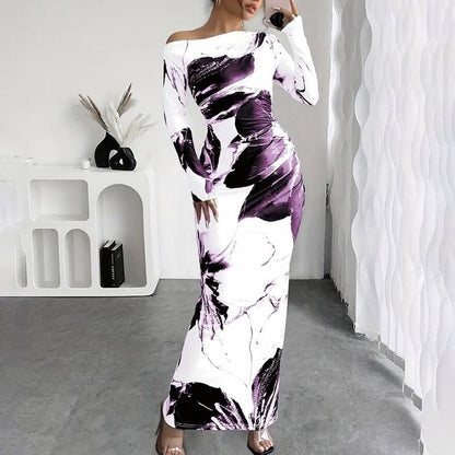 Shine Bright Women's Hip Hugging Elegant Off-Shoulder Tie-Dye Floral Bodycon Dress Stretchy Season Party & Casual Dress