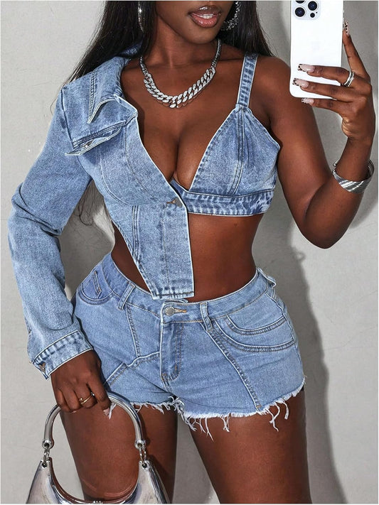 Women'S Denim Jacket Button Front Long Sleeve Cut Out Asymmetrical Crop Top Vinatge Jean Coat