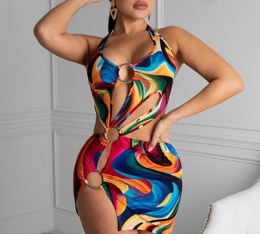 Color Passion Sexy Hollow-Out Halter Dress – Multicolor Backless Mini Party Dress