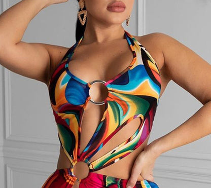 Color Passion Sexy Hollow-Out Halter Dress – Multicolor Backless Mini Party Dress